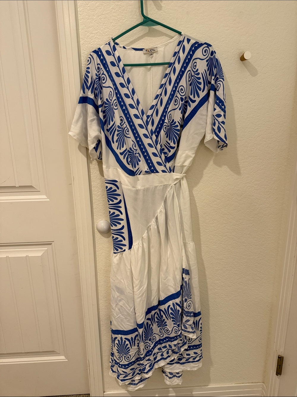 Blue & White Wrap Maxi Dress with Tie Waist